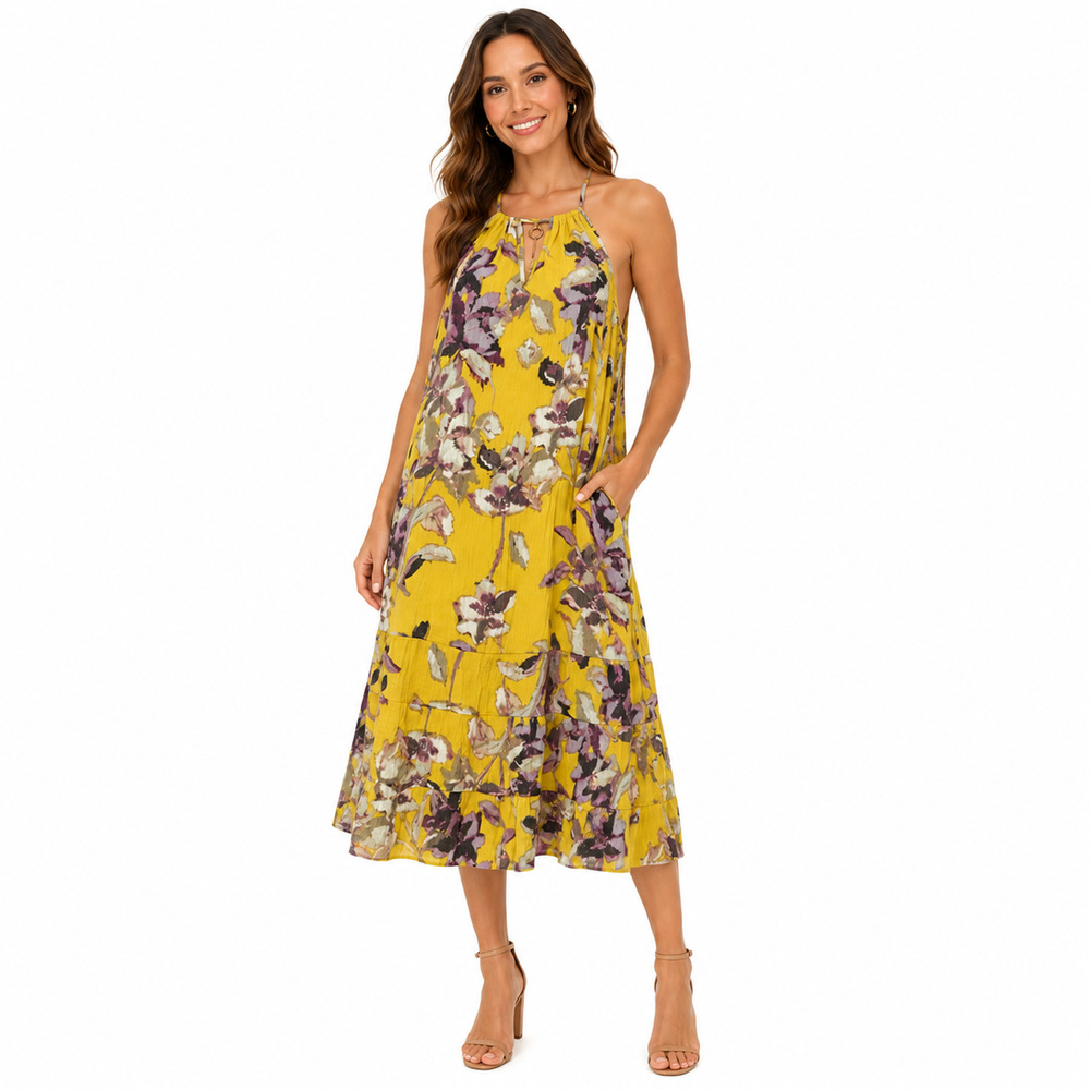 Mlle Gabrielle Yellow Purple Sleeveless Summer Lined Rayon Midi Dress Floral L
